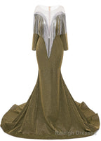 Deep V Neck Shiny Khaki Prom Dresses Long sleeves Mermaid Prom Prom Dresses