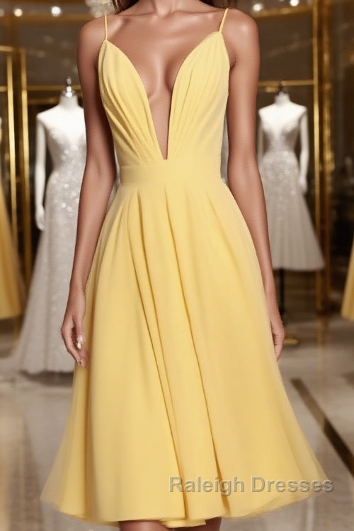 Deep V Neck Short Yellow Prom Dresses, Short Backless Formal Homecoming Dresses Main image