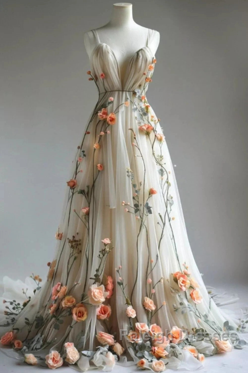 Deep V Neck Wedding Dress 3D Flowers Appliques Tulle A-Line Prom Gowns