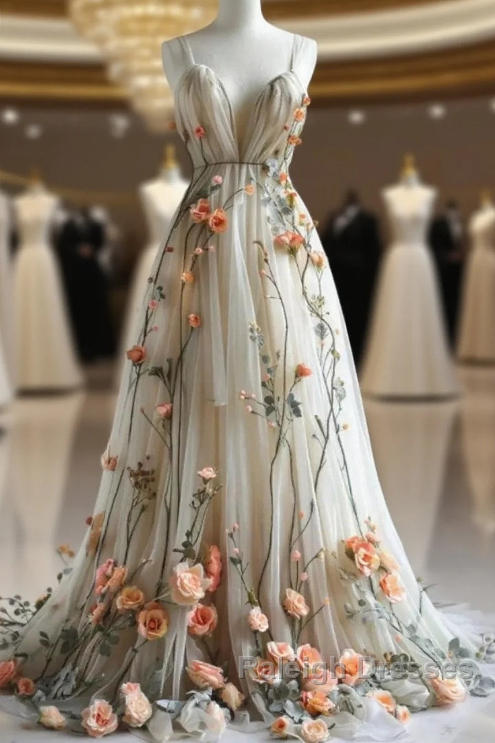 Deep V Neck Wedding Dress 3D Flowers Appliques Tulle A-Line Prom Gowns