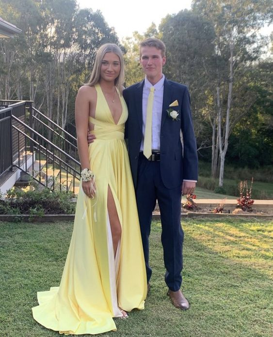 Deep V Neck Yellow A-Line Prom Dresses Long With Slit