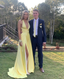 Deep V Neck Yellow A-Line Prom Dresses Long With Slit