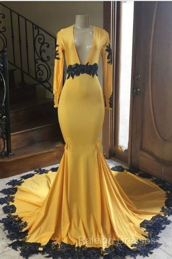 Deep V Neck Yellow Prom Dress Black Lace Applique Prom Gown Secondary image