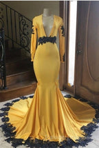 Deep V Neck Yellow Prom Dress Black Lace Applique Prom Gown