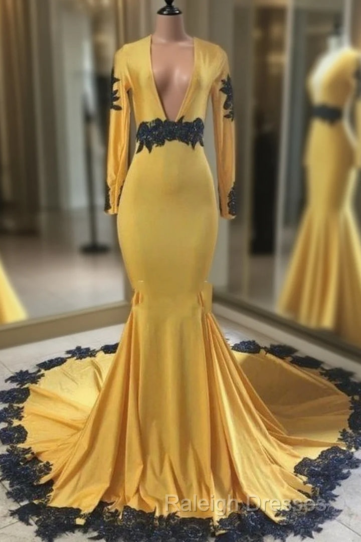 Deep V Neck Yellow Prom Dresses Black Lace Applique Evening Gown