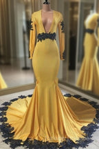 Deep V Neck Yellow Prom Dress Black Lace Applique Prom Gown