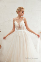 Deep V See Through Neck Bridal Dresses Spaghetti Straps Fairy Tulle Wedding Gowns