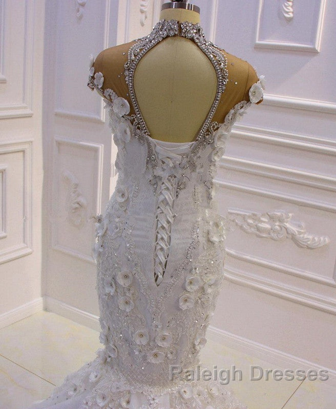 Delicate Sleeveless Beading Sheer Tulle Appliques Mermaid Sparkling Wedding Dress