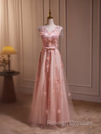 Delicate V-Neck Pink With Rhinestones Lace Appliques Prom Dress