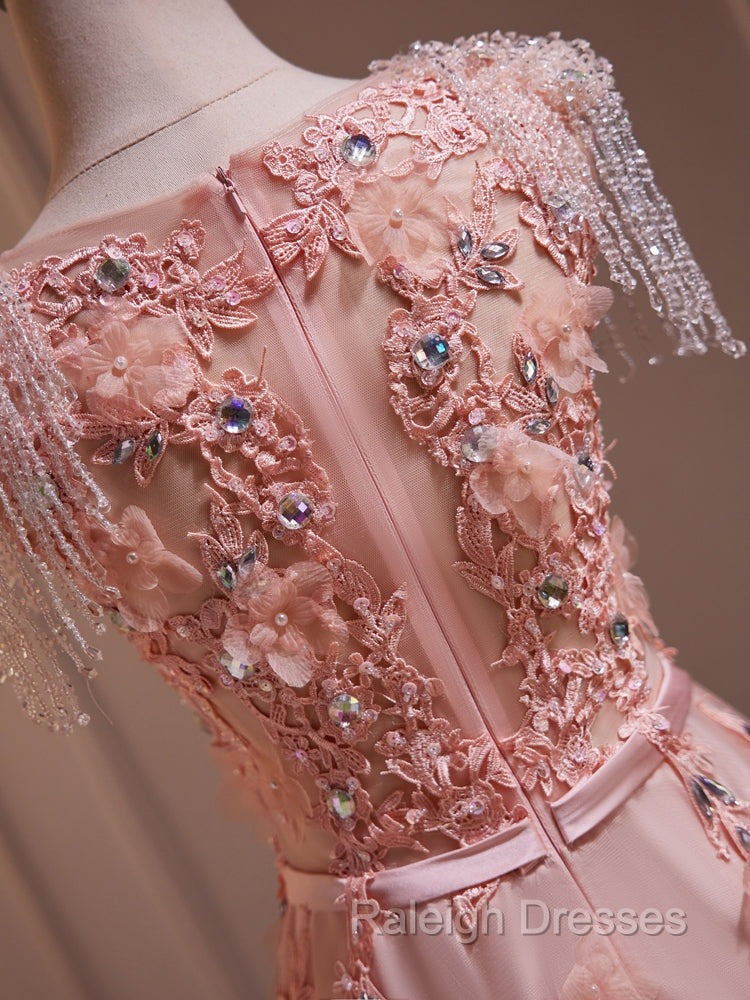 Delicate V-Neck Pink With Rhinestones Lace Appliques Prom Dresses