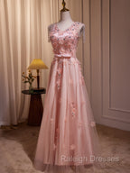Delicate V-Neck Pink With Rhinestones Lace Appliques Prom Dresses