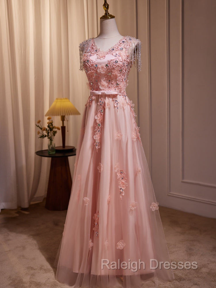 Delicate V-Neck Pink With Rhinestones Lace Appliques Prom Dresses
