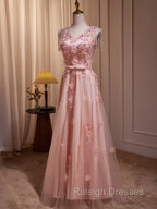 Delicate V-Neck Pink With Rhinestones Lace Appliques Prom Dress