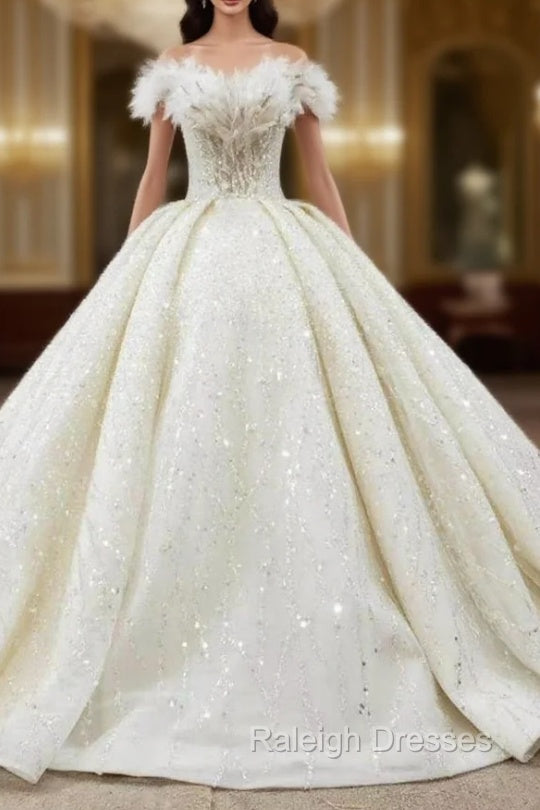 Demand Attention In Luxury Champagne Ball Gown Tulle Beading Sequins Off the Shoulder Wedding Dress Main image