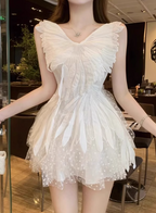 Design White Feather Splicing Polka Dot Princess Puffy Birthday Dress Homecoming Dress