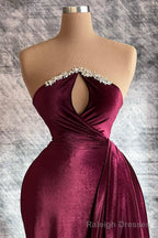 Designer Burgundy Velvet Long Sleeves Prom Dress With Train,Gala Dresses Elegant