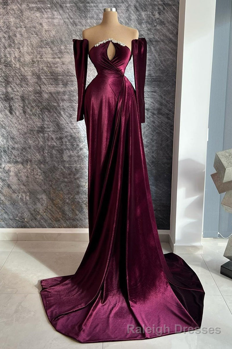 Designer Burgundy Velvet Long Sleeves Prom Dress With Train,Gala Dresses Elegant Secondary image