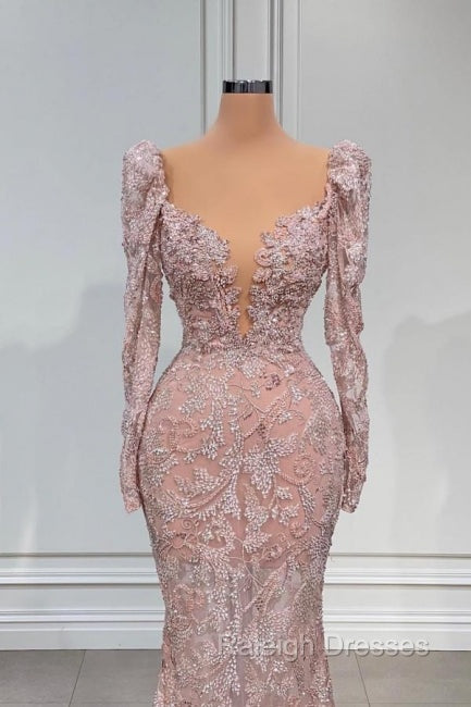 Designer Pink V Neck Lace Mermaid Prom Dress Prom Gown With Long Sleeves Secondary image