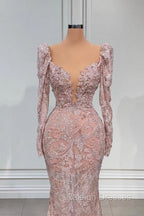 Designer Pink V Neck Lace Mermaid Prom Dress Prom Gown With Long Sleeves