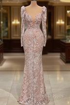 Designer Pink V Neck Lace Mermaid Prom Dress Prom Gown With Long Sleeves