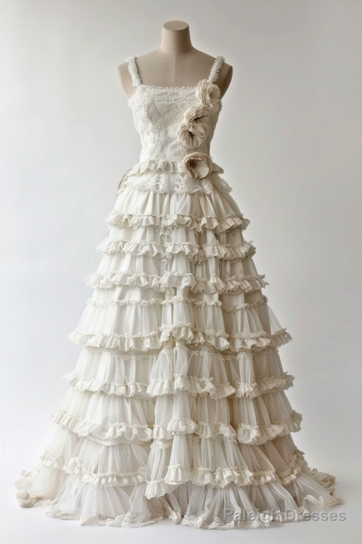 Diamond White A-Line Spaghetti Strap Lace Tulle Long Prom Dress Simple Wedding Dress Secondary image