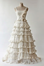 Diamond White A-Line Spaghetti Strap Lace Tulle Long Prom Dress Simple Wedding Dress