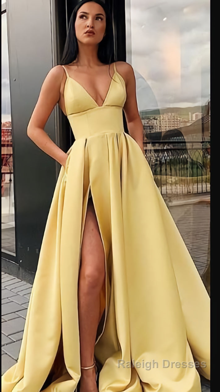Different Colors A-line Satin Sleeveless Spaghetti Straps Slit Prom Dress Secondary image