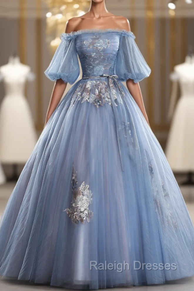 Discover The Latest Gray Blue Ball Gown Tulle Puff Sleeve Appliques Quinceanera Dress Main image