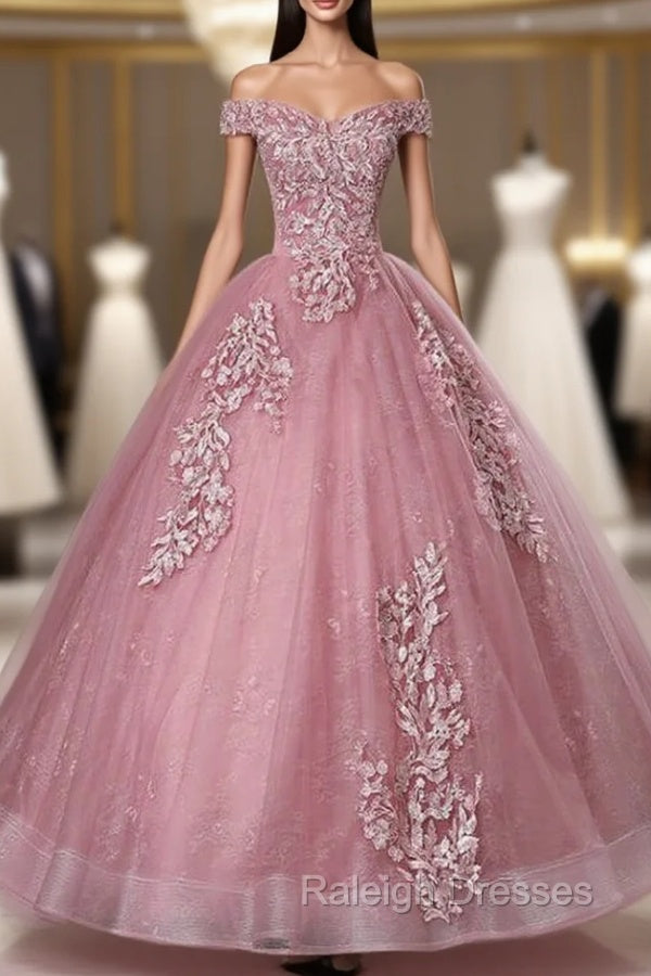 Discover The Latest Pink Ball Gown Tulle Appliques Off the Shoulder Pearls Quinceanera Dress Main image