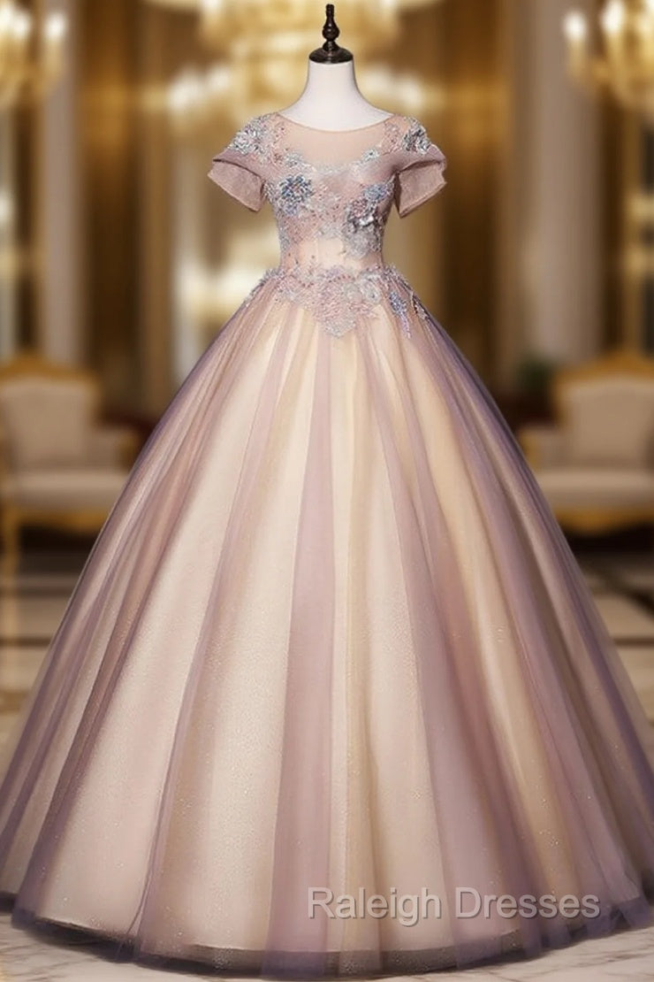 Discover The Latest Pink Ball Gown Tulle Short Sleeve Appliques Pearls Quinceanera Dress