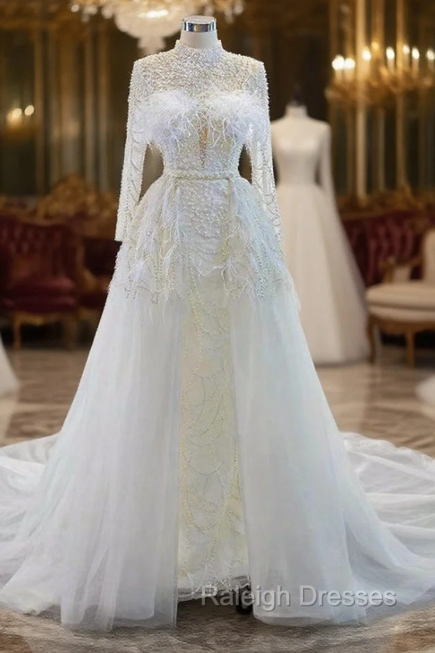 Discover The Latest White Mermaid Tulle High Neck Pearls Wedding Dress With Removable Train