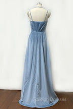 Double-Strap Dusty Blue Velvet Long Bridesmaid Dress
