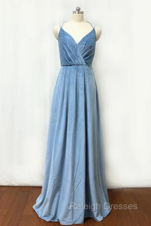 Double-Strap Dusty Blue Velvet Long Bridesmaid Dress