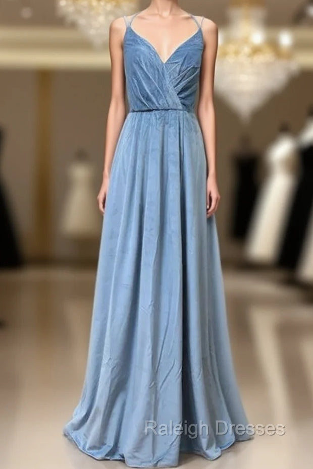 Double-Strap Dusty Blue Velvet Long Bridesmaid Dress Main image