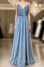 Double-Strap Dusty Blue Velvet Long Bridesmaid Dress