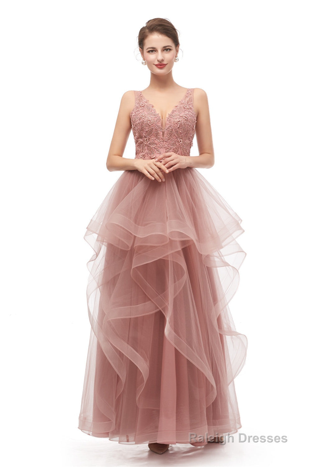 Double V-Neck Beaded Applique Layered Tulle Prom Dresses Secondary image