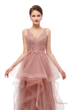 Double V-Neck Beaded Applique Layered Tulle Prom Dresses