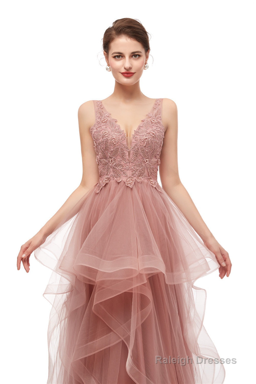 Double V-Neck Beaded Applique Layered Tulle Prom Dresses