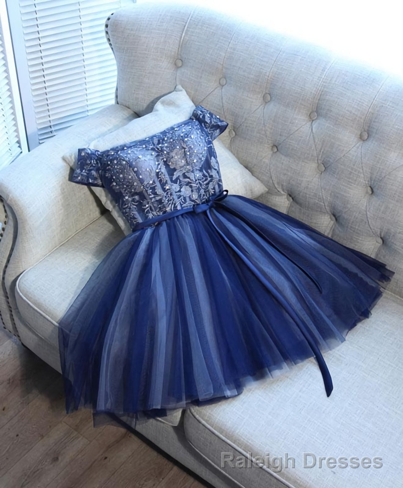 Blue Lace Off Shoulder Short Prom Dress, Blue Evening Dress Main image