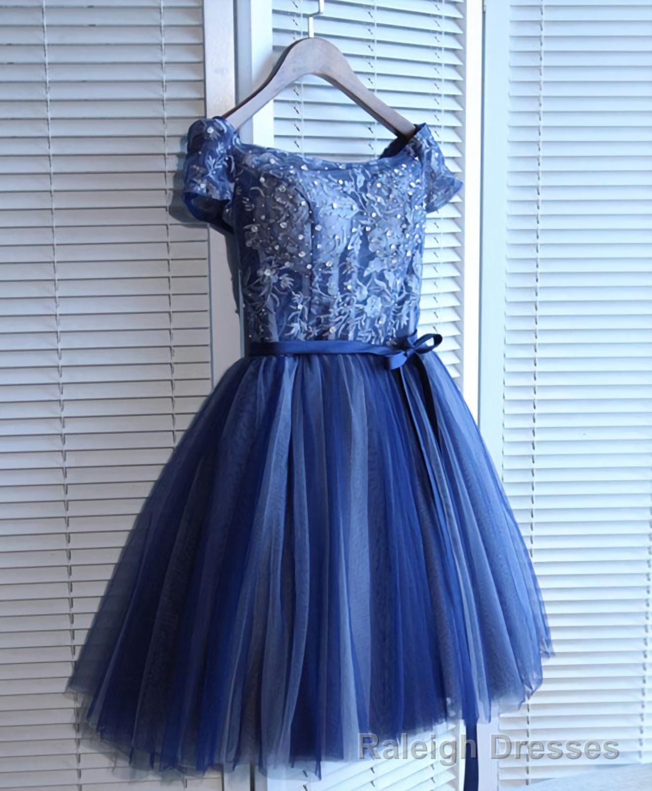 Blue Lace Off Shoulder Short Prom Dress, Blue Evening Dress
