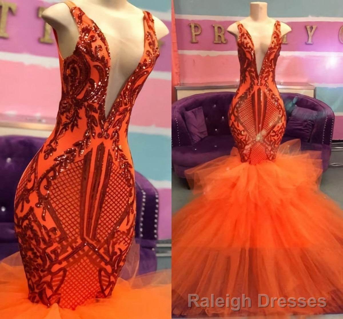 Black Girl Prom Dress, Orange Mermaid Lace Appliques Prom Dresses, Tulle Ruffles Sexy V Neck Cheap Prom Gown Main image
