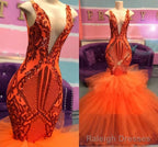 Black Girl Prom Dress, Orange Mermaid Lace Appliques Prom Dresses, Tulle Ruffles Sexy V Neck Cheap Prom Gown