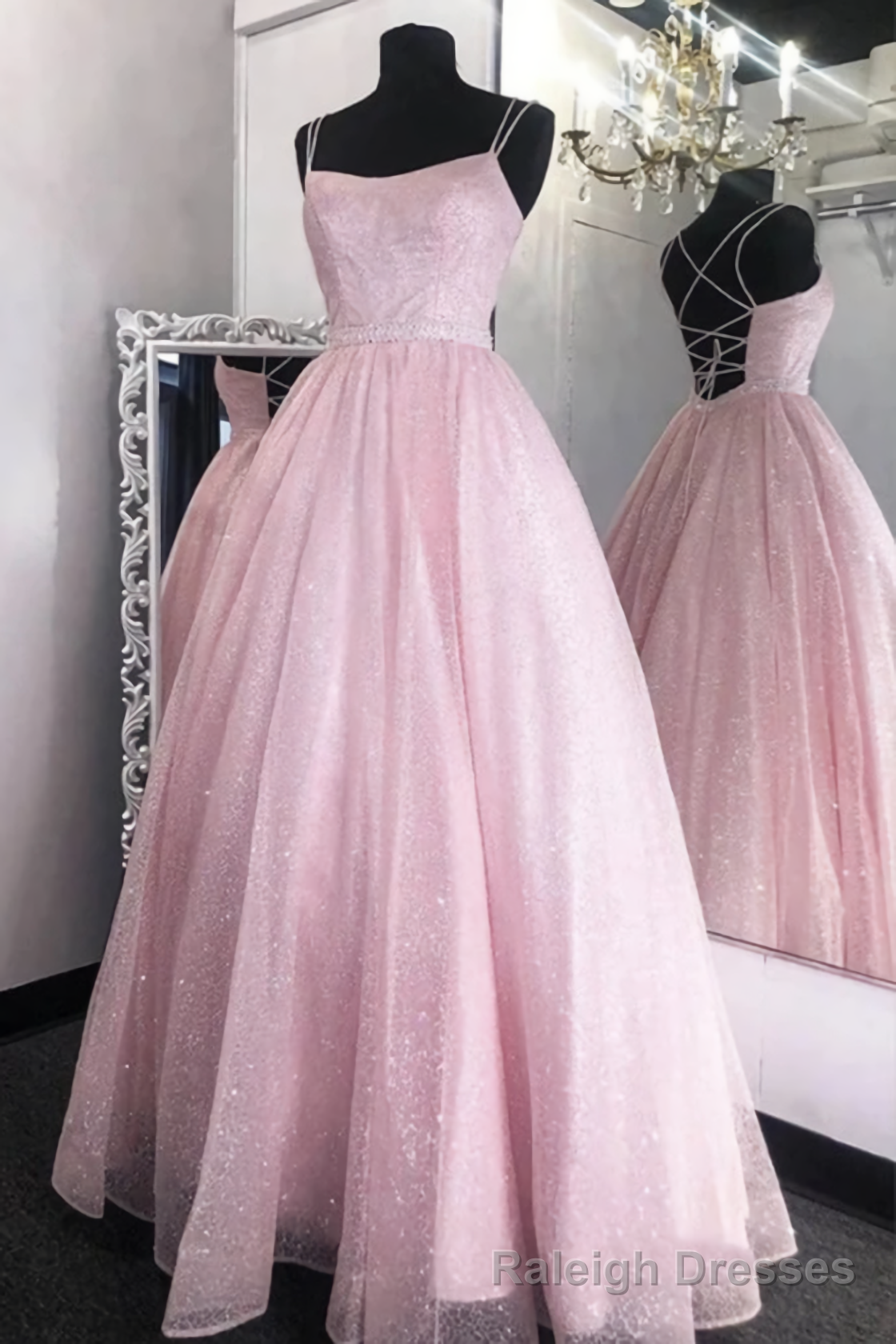 Shiny Backless Pink Sequins Long Prom Dress, Pink Formal Evening Dress, Sparkly Ball Gown Main image