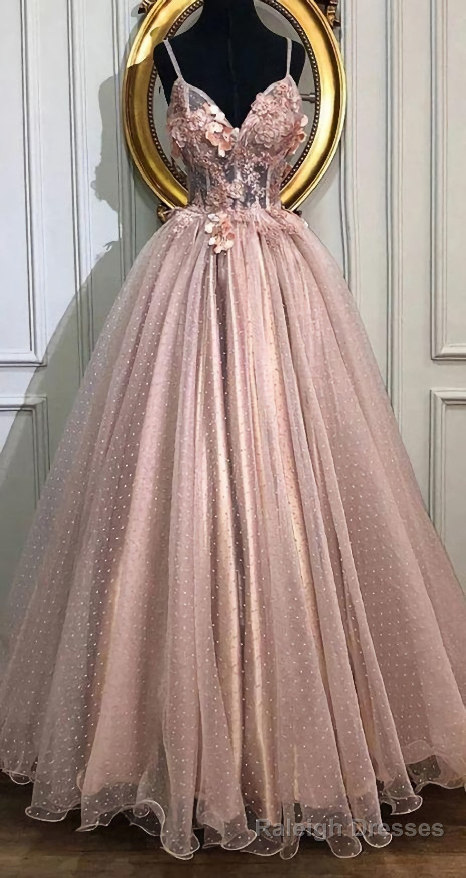 A Line V Neck Tulle Long Prom Dresses, Pearl Pink Appliques Formal Evening Dress Main image