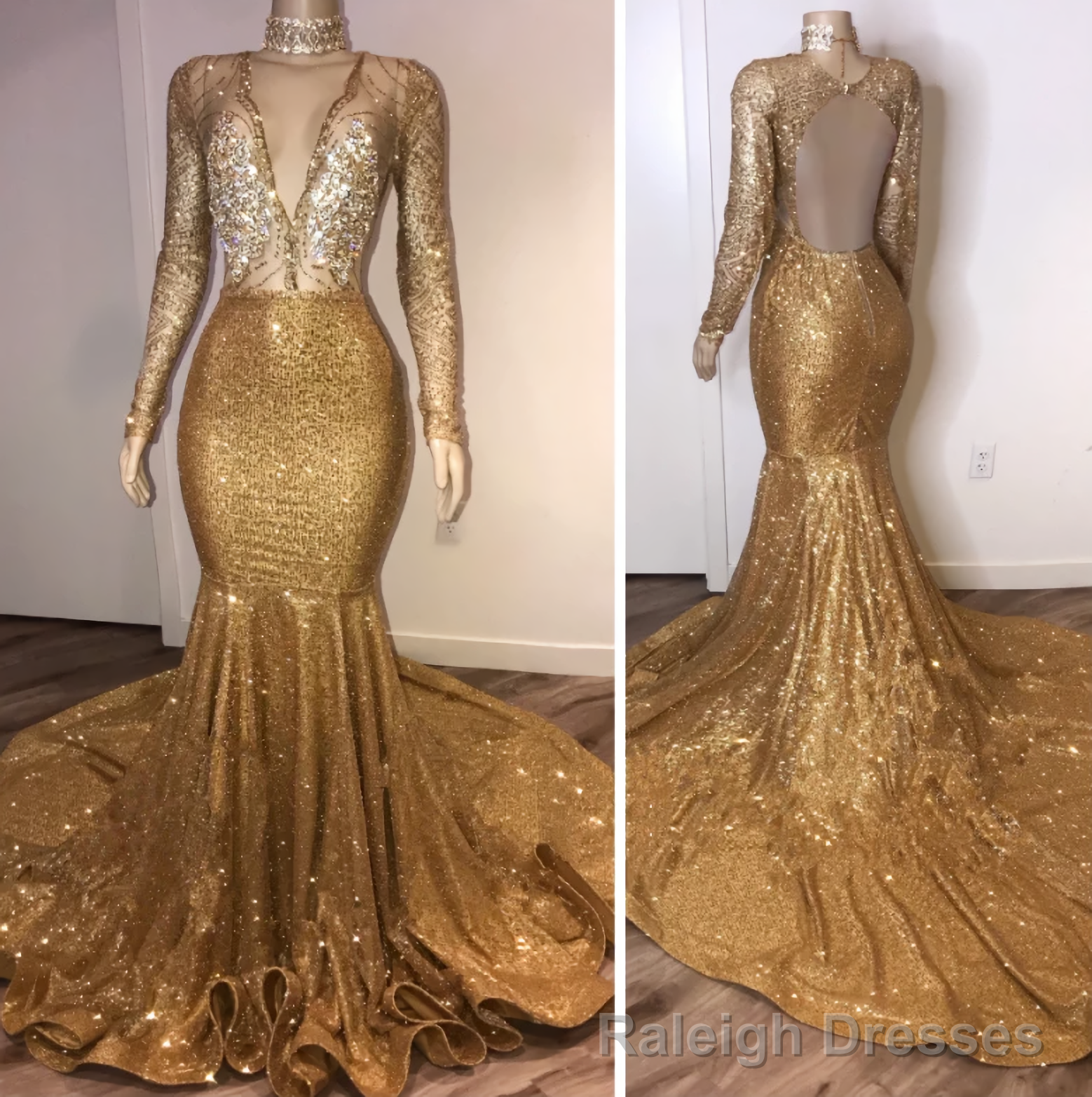 Black Girl Prom Dresses, Open Back Gold Prom Dresses, Cheap With Choker Long Sleeve Mermaid V Neck Sexy Evening Gowns With Crystals Main image