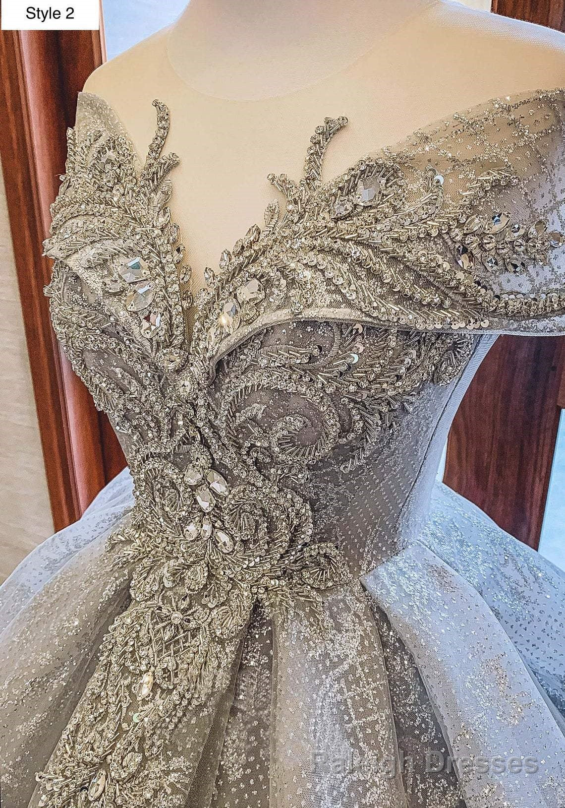 Modern Sparkly Grey Silver Long Or Cap Sleeves Ball Gown Wedding Prom Dress With Glitter Tulle Secondary image