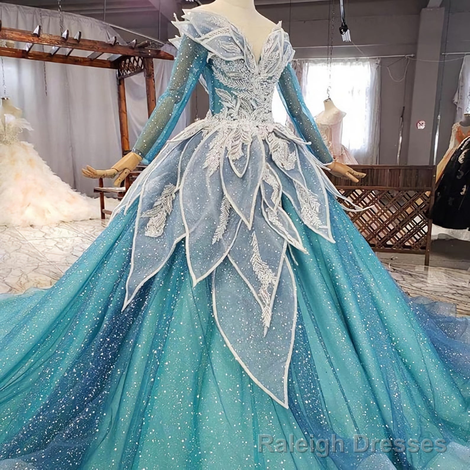 Blue Princess Sparkle Frost Fairy Queen Costume Wedding Dress, Bridal Ball Gown Long Sleeve Long Train Cosplay Off The Shoulder Main image