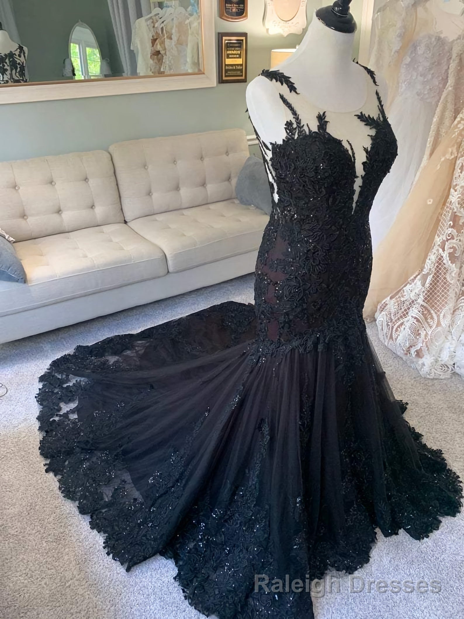 Black Wedding Dress, Gothic Wedding Dress, Mermaid Black Dress, A Line Wedding Dress, Black Lace Wedding Dress, Illusion Back Wedding Dress Main image