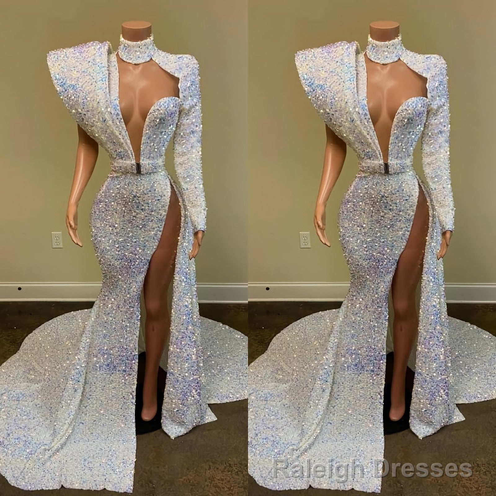 Gorgeous Sequin Long Mermaid Prom Dresses, 2025 Sexy High Slit Sheer High Neck Single Long Sleeve African Black Girl Prom Dress Main image