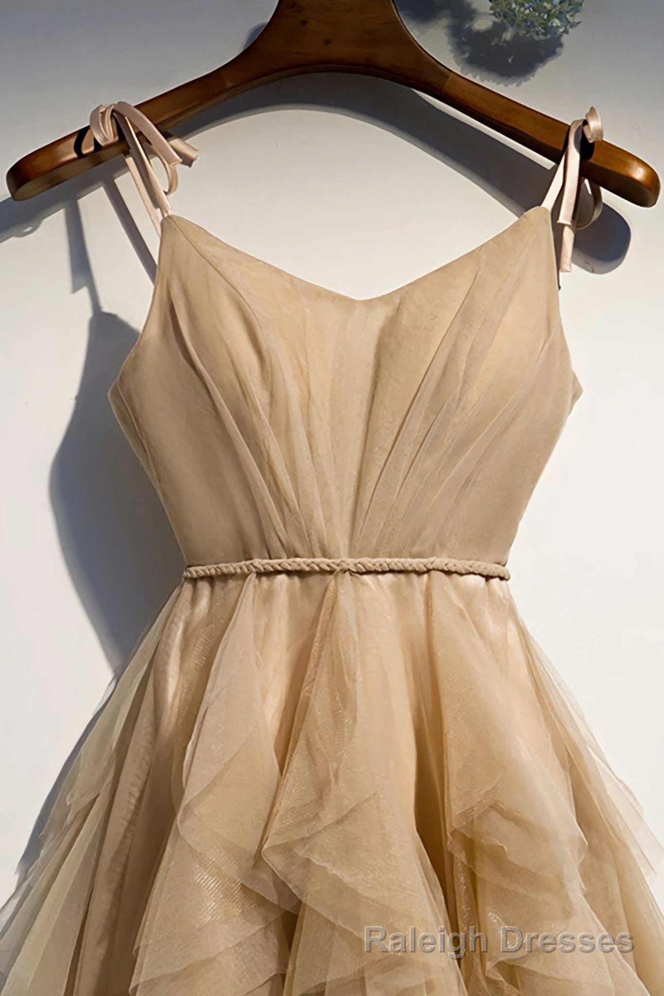 A Line Champage Spaghetti Straps Ruffles Tulle Prom Dresses, Lace Up Prom Gown Secondary image
